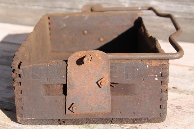 photo of rustic barn wood tote box carrier w/ heavy forged iron handle, primitive farm toolbox #4