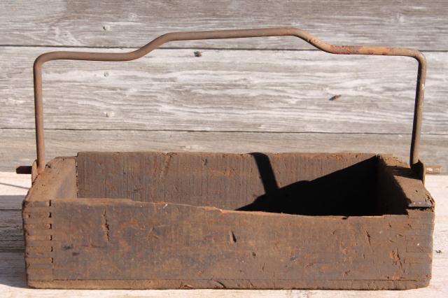 photo of rustic barn wood tote box carrier w/ heavy forged iron handle, primitive farm toolbox #5