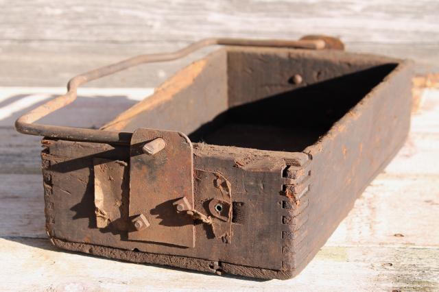 photo of rustic barn wood tote box carrier w/ heavy forged iron handle, primitive farm toolbox #6