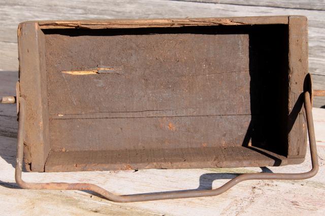 photo of rustic barn wood tote box carrier w/ heavy forged iron handle, primitive farm toolbox #8