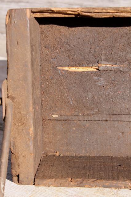 photo of rustic barn wood tote box carrier w/ heavy forged iron handle, primitive farm toolbox #9