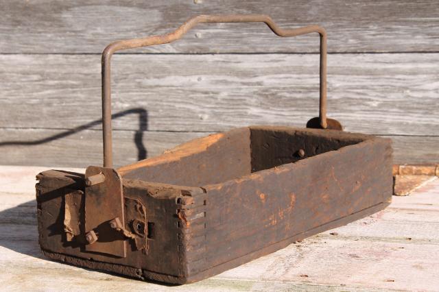 photo of rustic barn wood tote box carrier w/ heavy forged iron handle, primitive farm toolbox #11