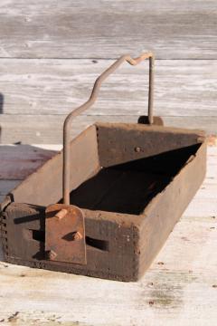 catalog photo of rustic barn wood tote box carrier w/ heavy forged iron handle, primitive farm toolbox