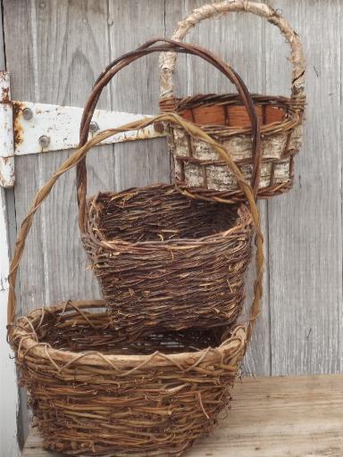 photo of rustic baskets lot, woodland style bark & twig  woven wicker baskets #6