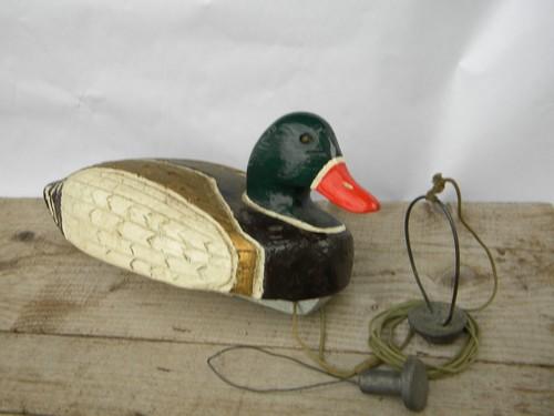 photo of rustic carved wood floating duck decoy painted as mallard drake w/anchor #1