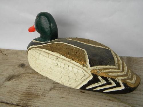 photo of rustic carved wood floating duck decoy painted as mallard drake w/anchor #2