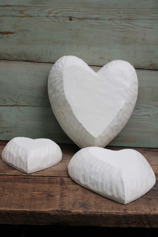 photo of rustic carved wood hearts nesting bowls w/ weathered white paint finish, modern farmhouse decor  #3