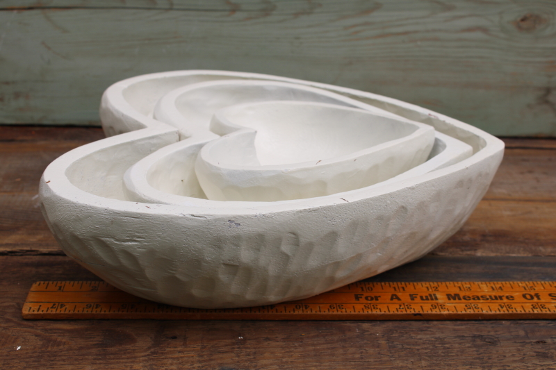 photo of rustic carved wood hearts nesting bowls w/ weathered white paint finish, modern farmhouse decor  #8