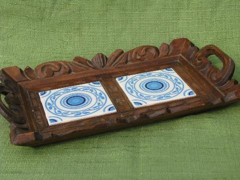 photo of rustic carved wood trays w/ blue and white hand-painted Mexican tiles #3