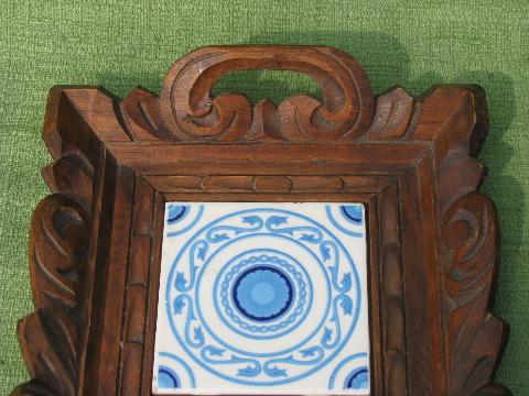 photo of rustic carved wood trays w/ blue and white hand-painted Mexican tiles #4