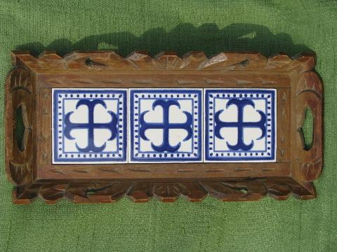 photo of rustic carved wood trays w/ blue and white hand-painted Mexican tiles #5