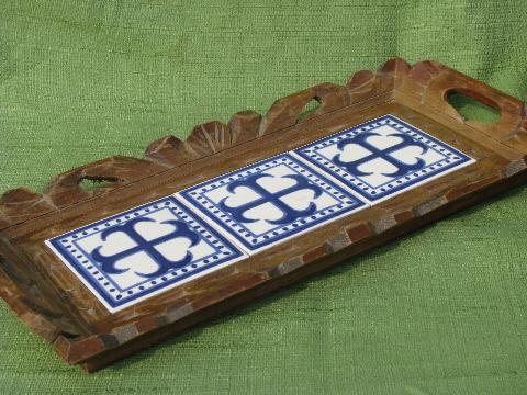 photo of rustic carved wood trays w/ blue and white hand-painted Mexican tiles #6