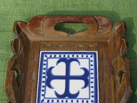 photo of rustic carved wood trays w/ blue and white hand-painted Mexican tiles #7