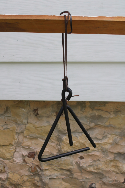 photo of rustic dinner bell triangle, iron gong w/ leather strap, western chuck wagon kitchen  #1