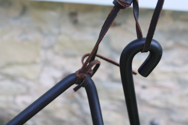 photo of rustic dinner bell triangle, iron gong w/ leather strap, western chuck wagon kitchen  #2