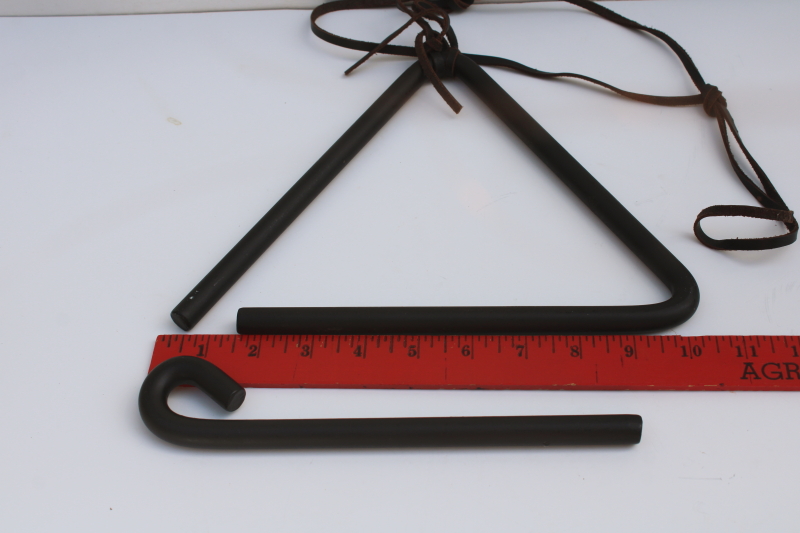 photo of rustic dinner bell triangle, iron gong w/ leather strap, western chuck wagon kitchen  #4