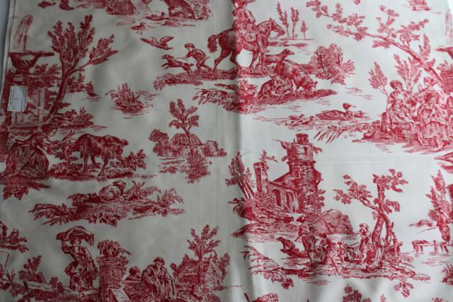 photo of rustic farmhouse style vintage cotton fabric french country toile print barn red on cream #1