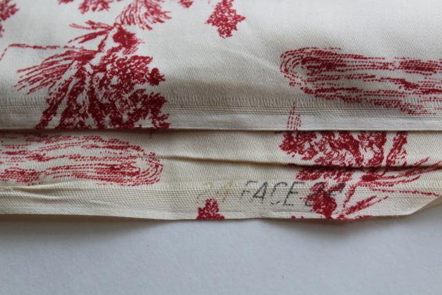 photo of rustic farmhouse style vintage cotton fabric french country toile print barn red on cream #2