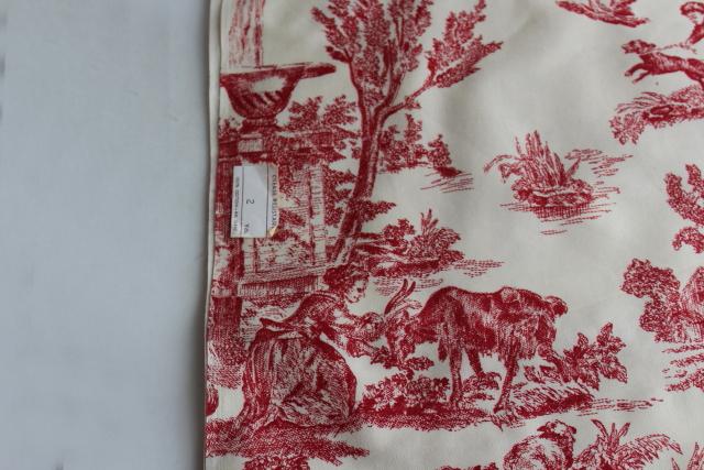 photo of rustic farmhouse style vintage cotton fabric french country toile print barn red on cream #3