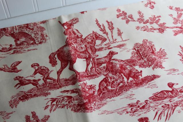 photo of rustic farmhouse style vintage cotton fabric french country toile print barn red on cream #4