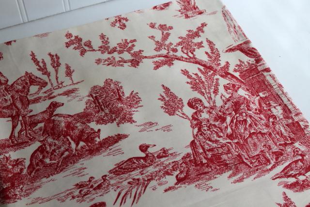 photo of rustic farmhouse style vintage cotton fabric french country toile print barn red on cream #5