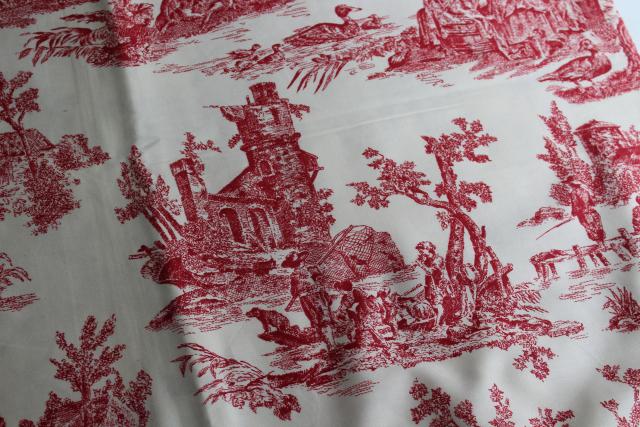 photo of rustic farmhouse style vintage cotton fabric french country toile print barn red on cream #6