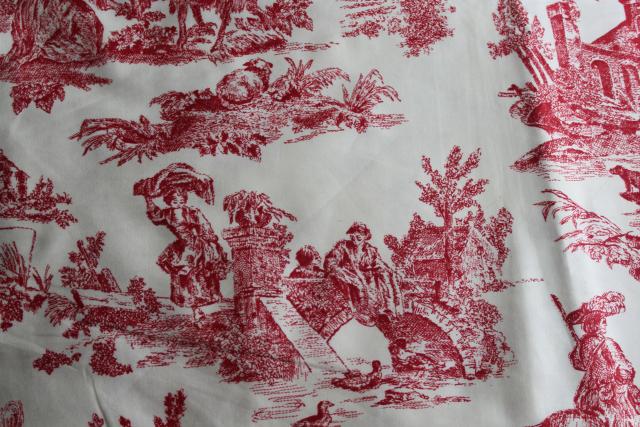 photo of rustic farmhouse style vintage cotton fabric french country toile print barn red on cream #7