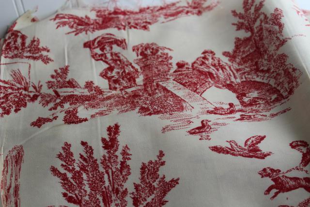 photo of rustic farmhouse style vintage cotton fabric french country toile print barn red on cream #8