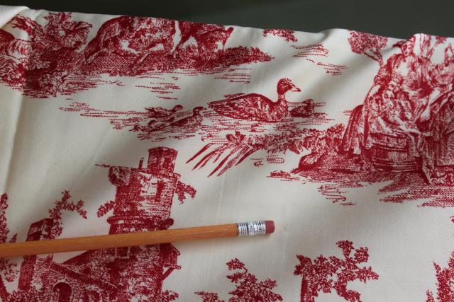 photo of rustic farmhouse style vintage cotton fabric french country toile print barn red on cream #9