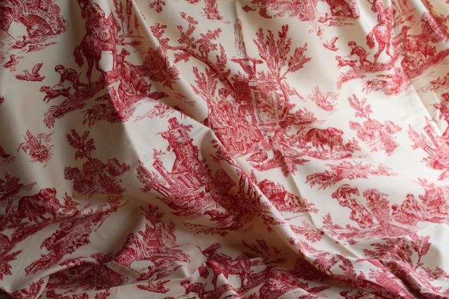 photo of rustic farmhouse style vintage cotton fabric french country toile print barn red on cream #10