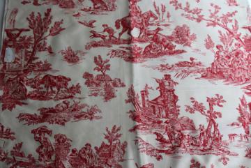 catalog photo of rustic farmhouse style vintage cotton fabric french country toile print barn red on cream