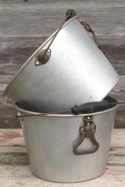 photo of rustic farmhouse vintage metal buckets, 1930s depression era aluminum farm pails #1