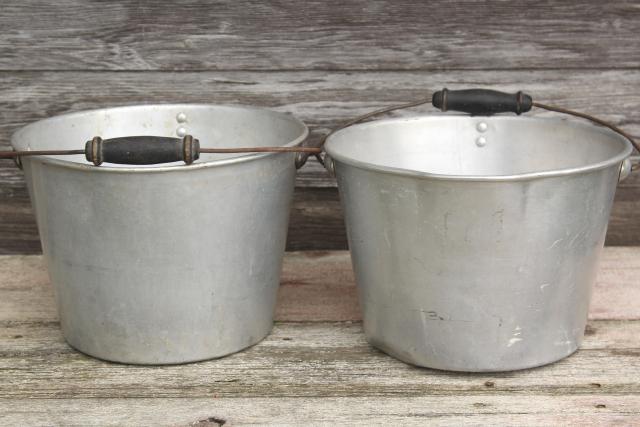 photo of rustic farmhouse vintage metal buckets, 1930s depression era aluminum farm pails #2