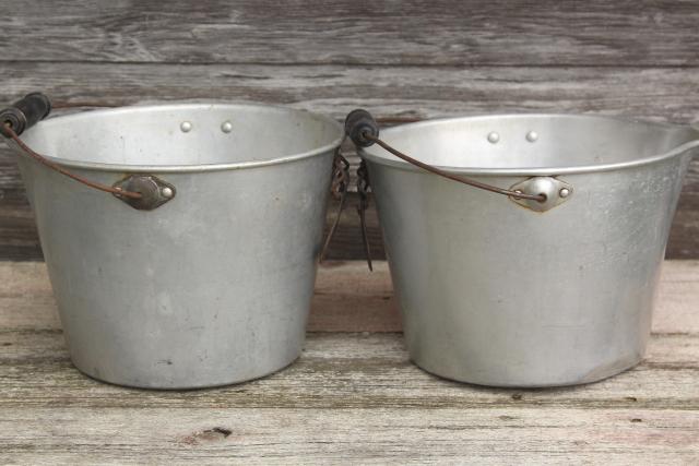 photo of rustic farmhouse vintage metal buckets, 1930s depression era aluminum farm pails #3