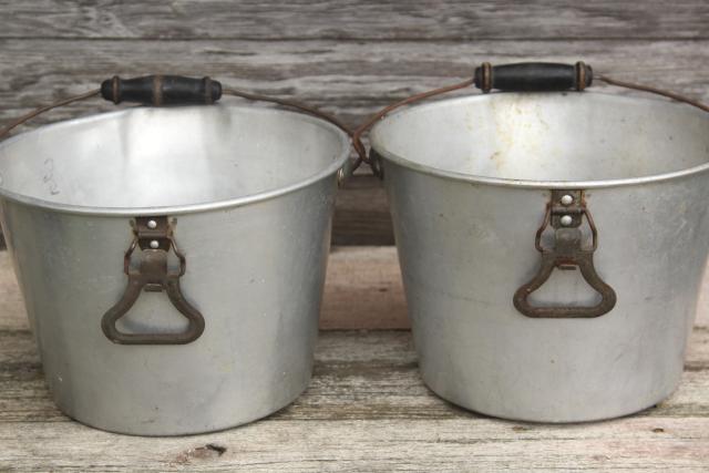 photo of rustic farmhouse vintage metal buckets, 1930s depression era aluminum farm pails #6