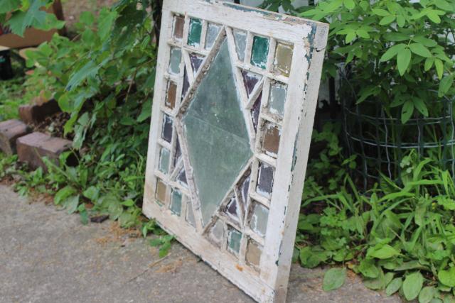 photo of rustic farmhouse vintage stained glass window chippy wood colored glass #2