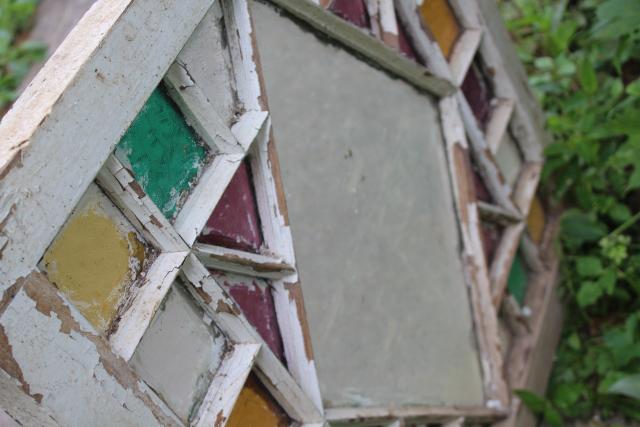 photo of rustic farmhouse vintage stained glass window chippy wood colored glass #3