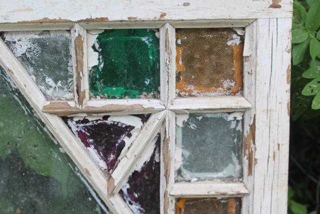 photo of rustic farmhouse vintage stained glass window chippy wood colored glass #4