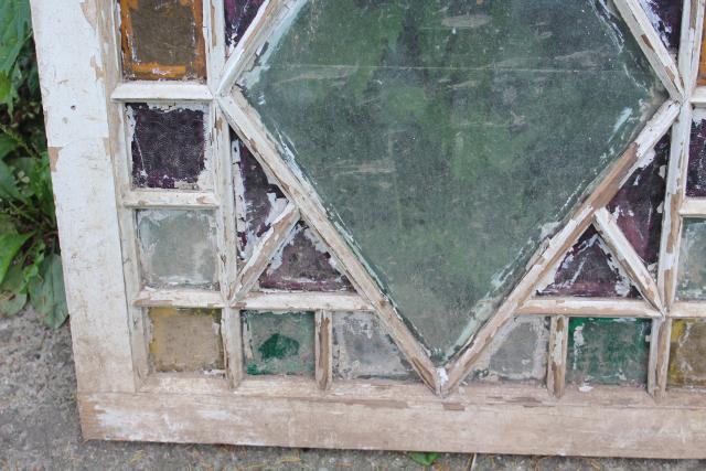 photo of rustic farmhouse vintage stained glass window chippy wood colored glass #5