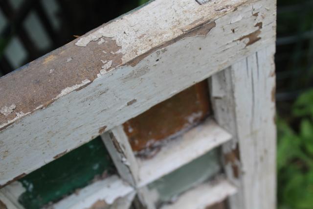 photo of rustic farmhouse vintage stained glass window chippy wood colored glass #6