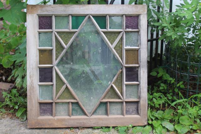 photo of rustic farmhouse vintage stained glass window chippy wood colored glass #1