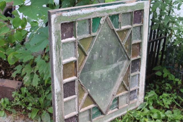 photo of rustic farmhouse vintage stained glass window chippy wood colored glass #3