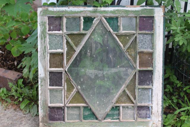 photo of rustic farmhouse vintage stained glass window chippy wood colored glass #8