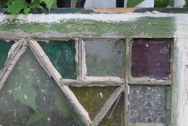 photo of rustic farmhouse vintage stained glass window chippy wood colored glass #9