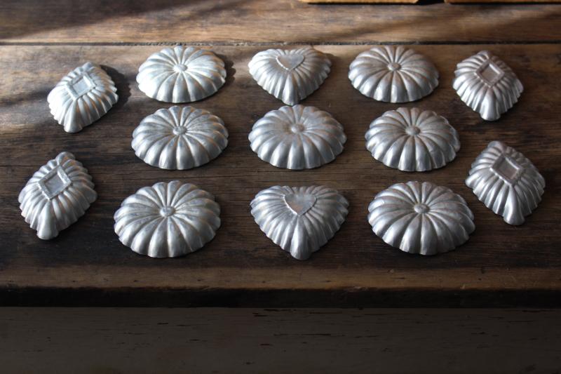 photo of rustic farmhouse vintage tart pans, fluted aluminum tin molds hearts, flowers, diamonds #3