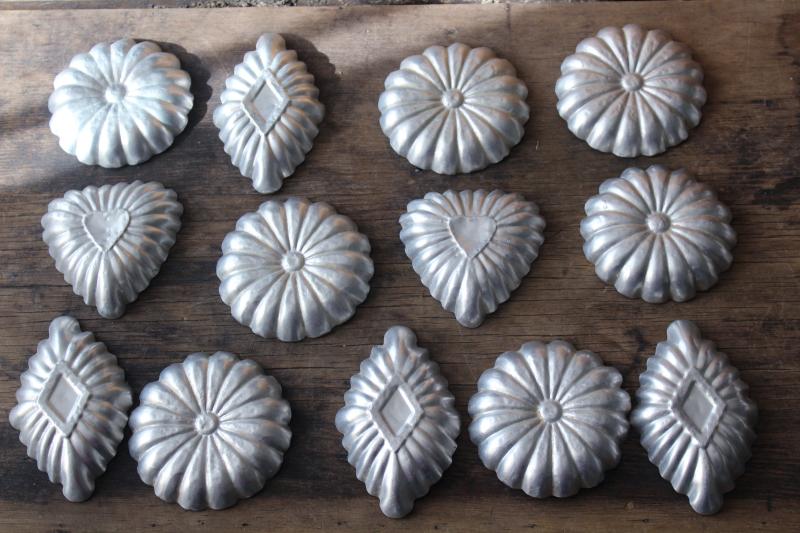 photo of rustic farmhouse vintage tart pans, fluted aluminum tin molds hearts, flowers, diamonds #5