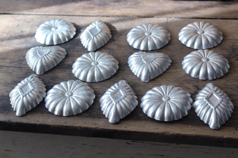 photo of rustic farmhouse vintage tart pans, fluted aluminum tin molds hearts, flowers, diamonds #6