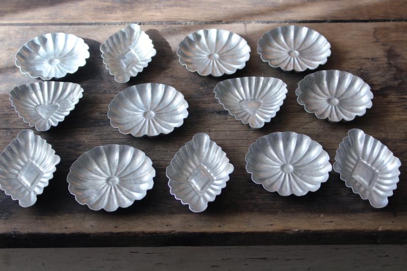 photo of rustic farmhouse vintage tart pans, fluted aluminum tin molds hearts, flowers, diamonds #10