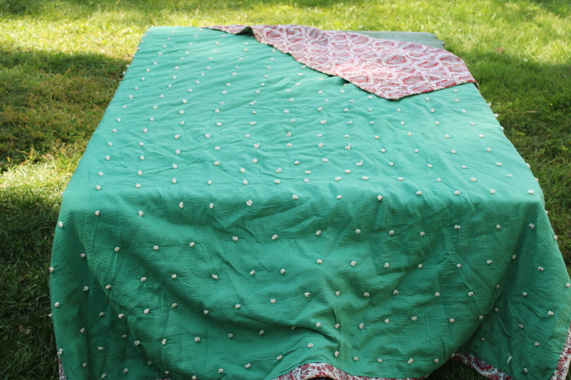 photo of rustic farmhouse vintage tied quilt Christmas colors, jade green & red paisley print cotton reversible  #1