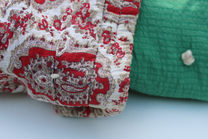 photo of rustic farmhouse vintage tied quilt Christmas colors, jade green & red paisley print cotton reversible  #2